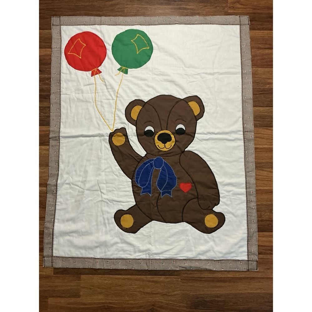 Handcrafted Crib Quilt Appliquéd Teddy Bear W/Balloons 47in X 38in